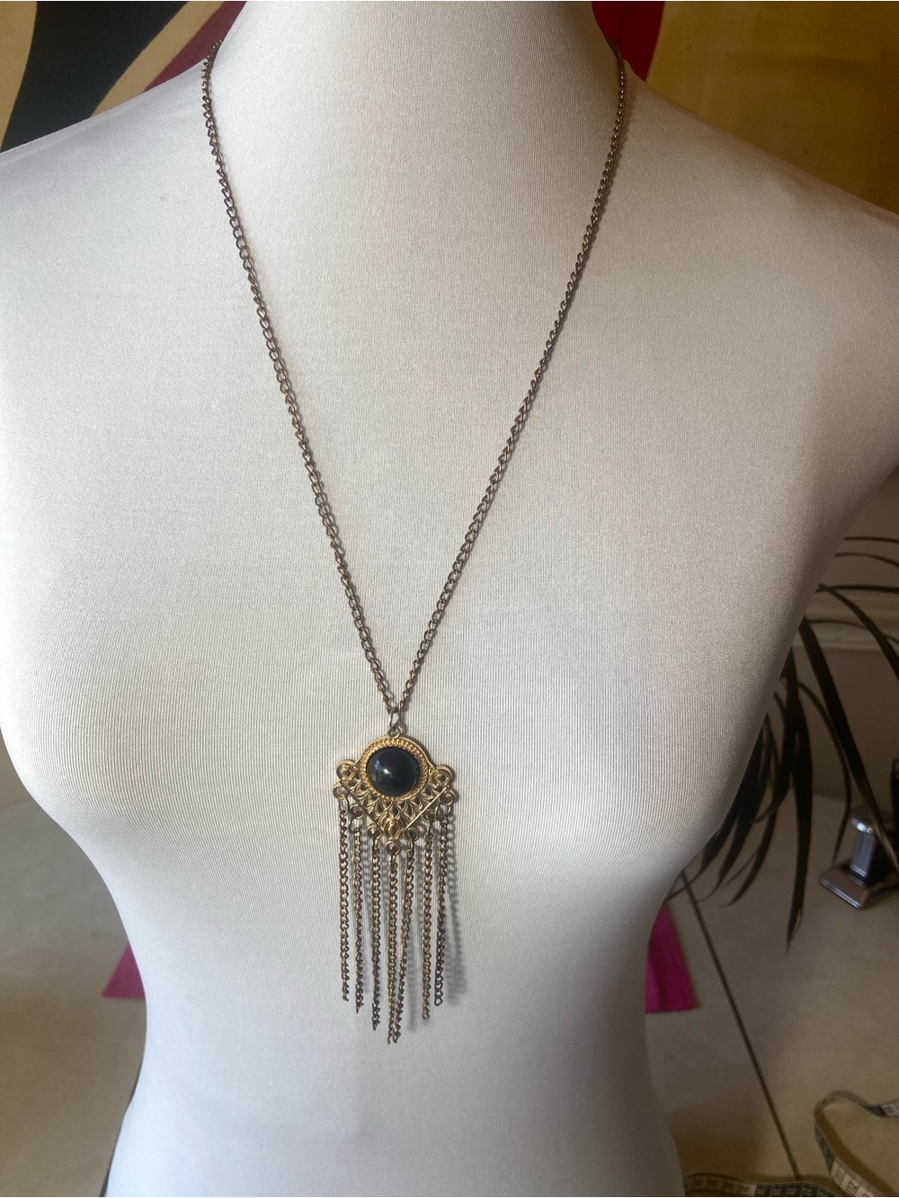 Gold-Tone Fringe Pendant Necklace with Black Stone